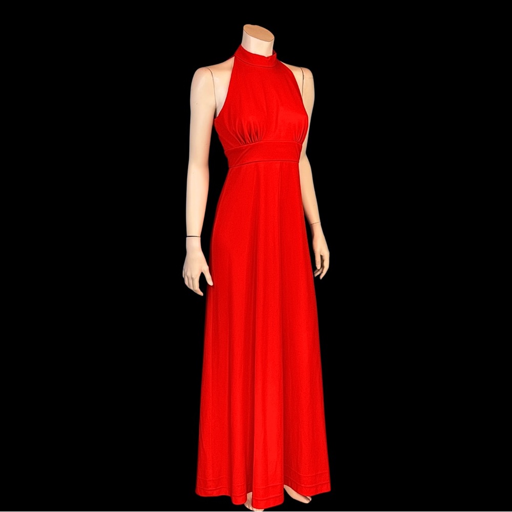 Vintage 1970s Scarlet Red Halter High Neck Maxi Dress / XS S